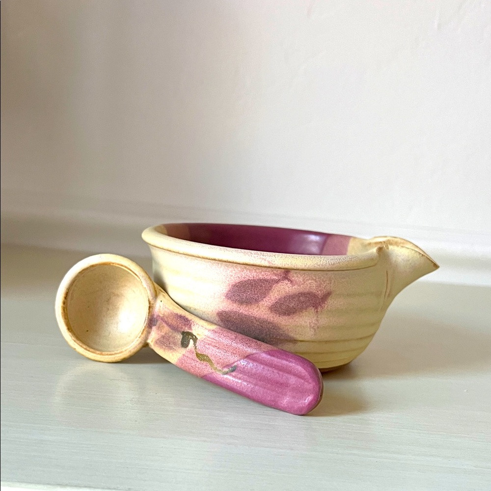 Pink and Cream Ceramic Bowl with Spoon